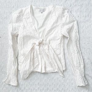 ACOA Eyelet Split Tie Front White Eyelet Long Sleeve Top